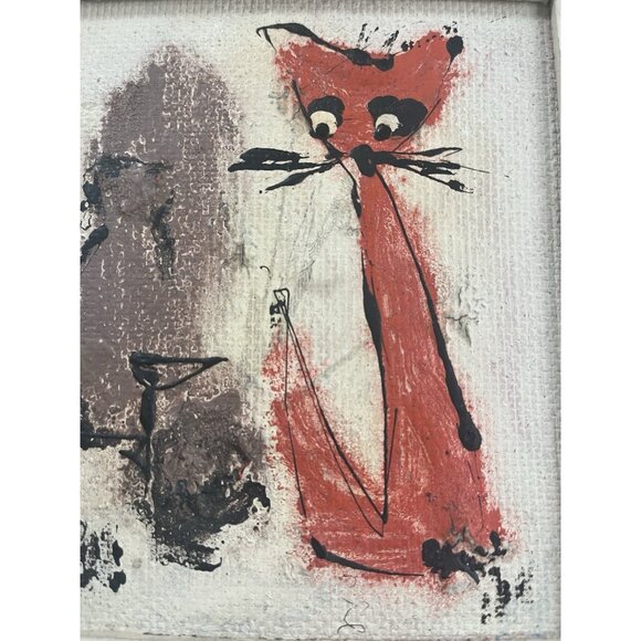 Mid Century Atomic Cat Hand Painted Framed Art Whimsical Cool Cats 7.5x 8.5 x1.5 - Picture 6 of 11